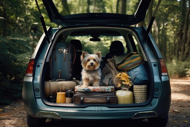 Chien assis dans une voiture avec des bagages pour voyager AI générative