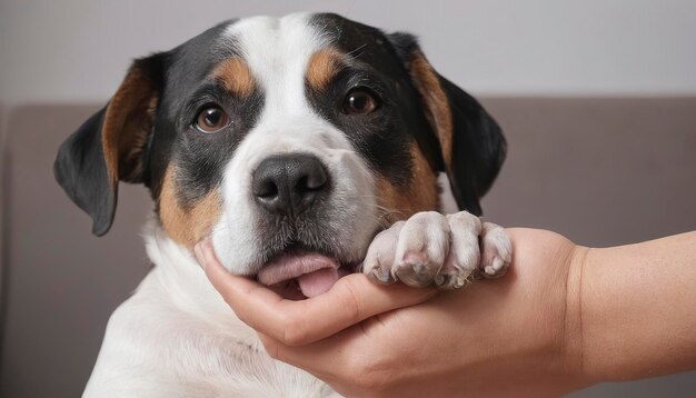 Un chien assis sur la main à la maison