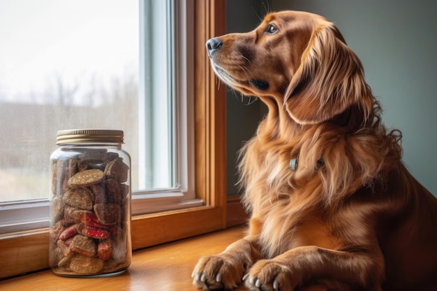 Un chien assis obéissant à côté d'un pot de friandise