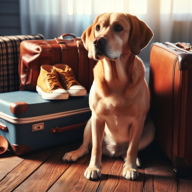 Un chien assis patiemment devant une pile de bagages et de chaussures attend peut-être une aventure de voyage