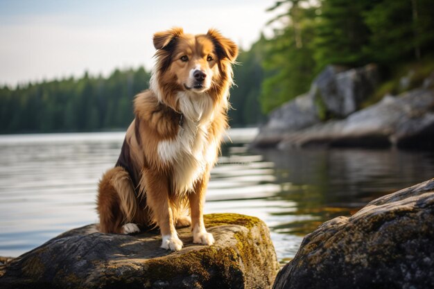 un chien assis sur un rocher près d'un plan d'eau