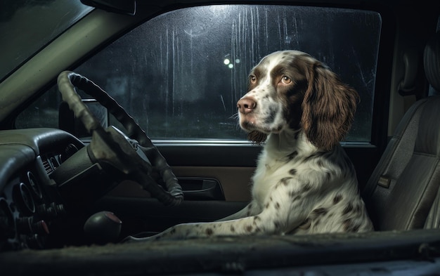 Un chien assis sur le siège du passager d'une voiture