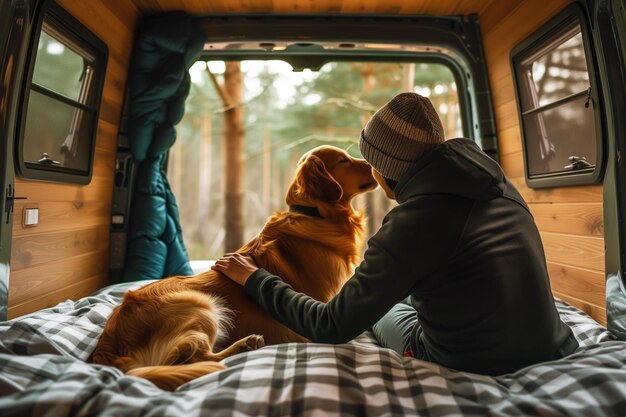 Un chien assis avec son propriétaire sur un camper van, une forêt visible par la fenêtre.