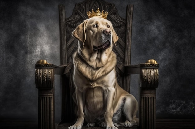 Un chien assis sur un trône avec une couronne dorée sur la tête.