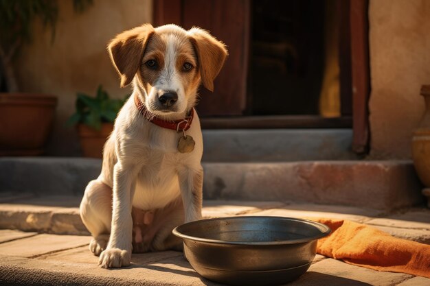 Un chien attend d'être nourri devant la maison.