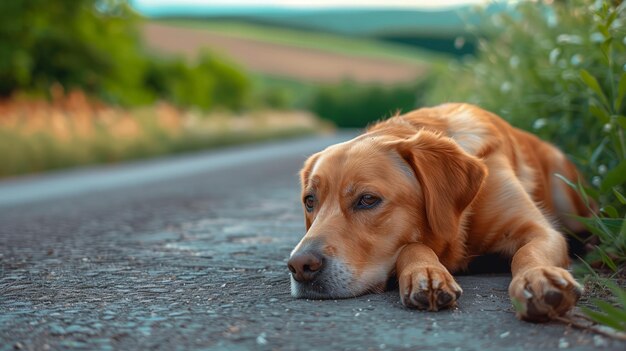 Le chien attend le propriétaire sur le chemin. Le chien Labrador Retriever est allongé sur le sol.