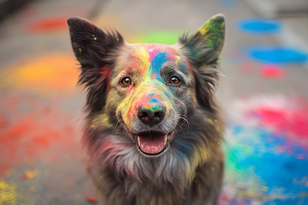 Chien au Holi Festival avec de la poudre colorée sur tout le visage