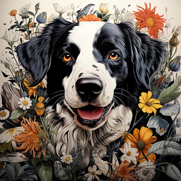 Un chien au milieu de fleurs dans le style d'illustrations très détaillées dans le style d'illustration psychédélique dans le style de compositions sombres palette de couleurs chaudes Generative Ai