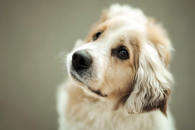 Un chien au pelage marron et blanc lève les yeux.