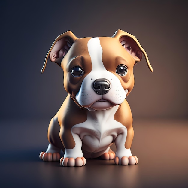 Un chien au visage brun et blanc est assis sur un fond sombre.