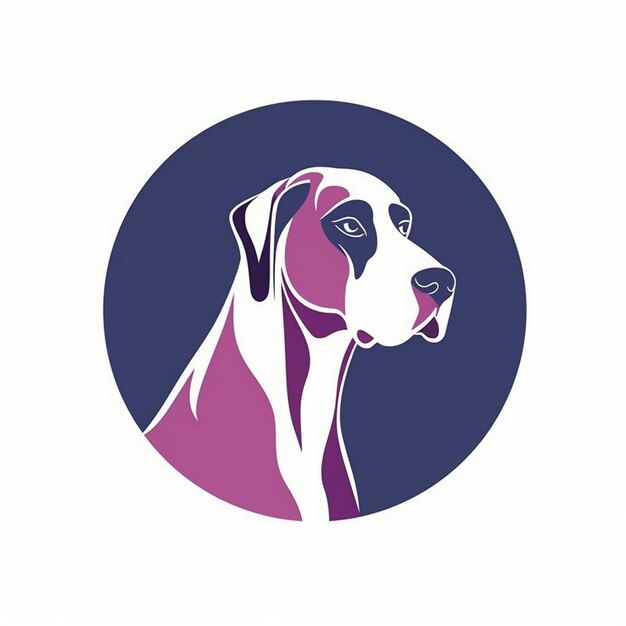 un chien au visage violet et rose est représenté dans un cercle bleu.