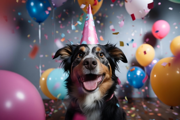 Un chien australien berger mignon et heureux dans un chapeau de fête apprécie et célèbre un anniversaire entouré de confettis et de ballons qui tombent.