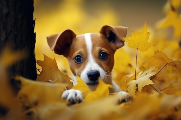 le chien à l'automne laisse les feuilles plates