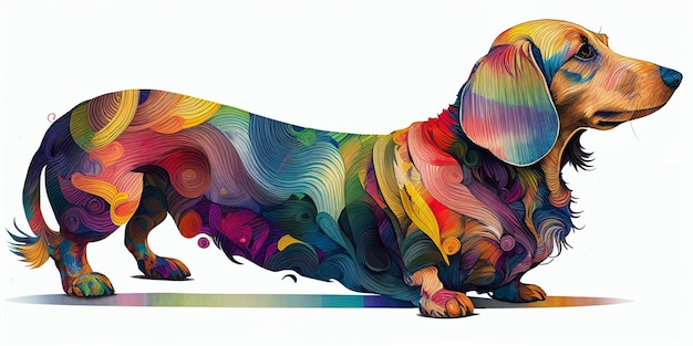 Chien aux couleurs vives avec de longs cheveux debout sur une surface blanche ai générative