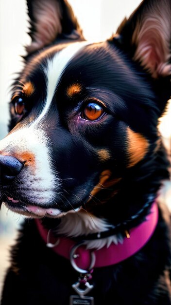 Un chien aux yeux marrons et au collier rose