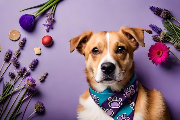 Un chien avec un bandana bleu sur le cou est assis sur un fond violet avec des fleurs violettes.