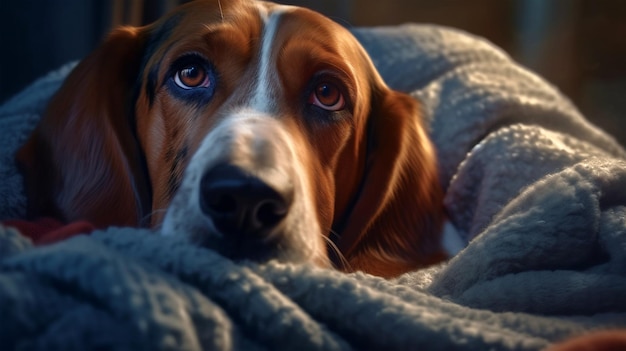 Chien Basset Hound allongé sur le lit AI généré