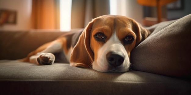 Un chien beagle allongé sur un canapé