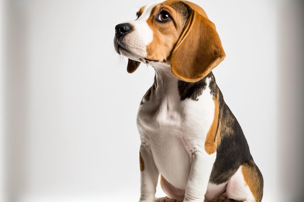 Un chien Beagle assis sur un fond blanc