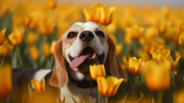 Un chien beagle dans un champ de fleurs