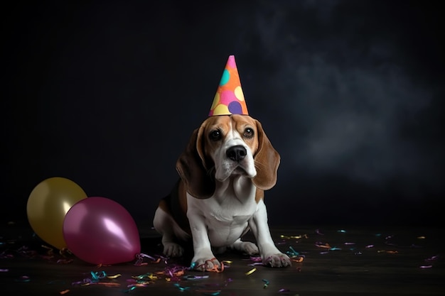 Chien beagle drôle en chapeau d'anniversaire Generative AI