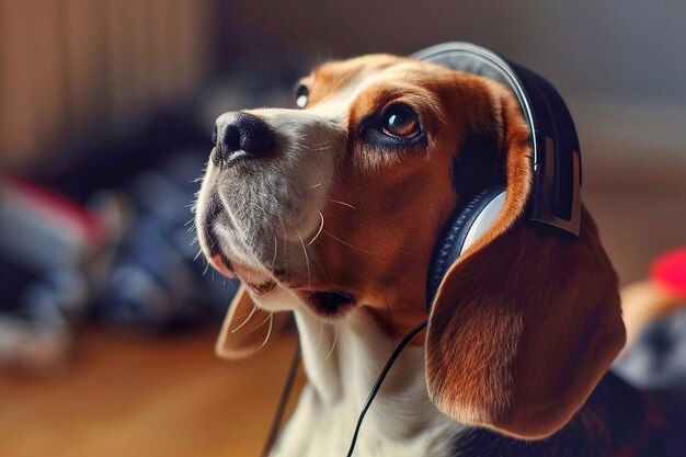 Le chien Beagle écoute de la musique dans des écouteurs