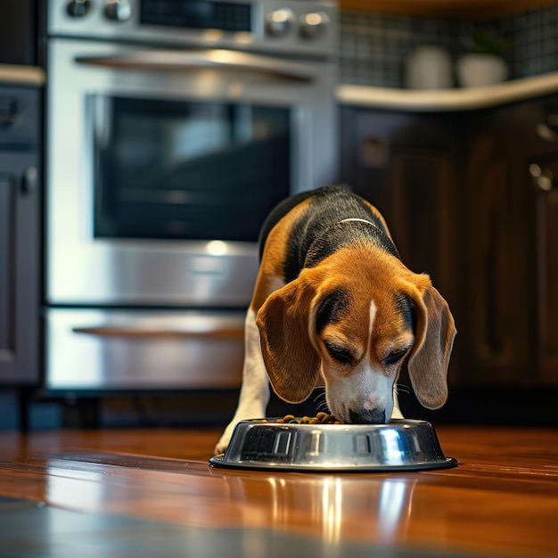 Photo un chien beagle mange de la nourriture dans un bol dans la cuisine à la maison