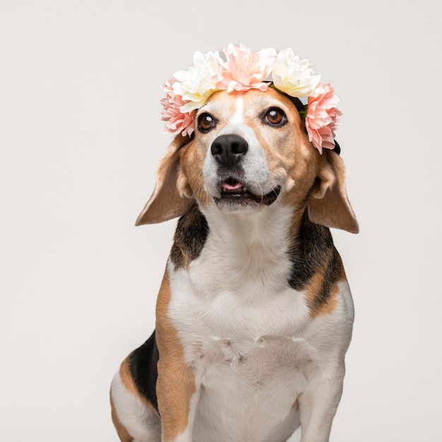 Chien beagle mignon avec une couronne de fleurs sur fond blanc. Portrait de printemps d'un chien.