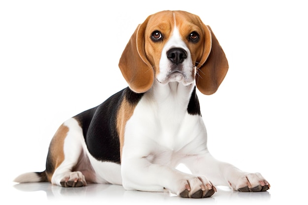 Un chien Beagles isolé sur fond blanc uni