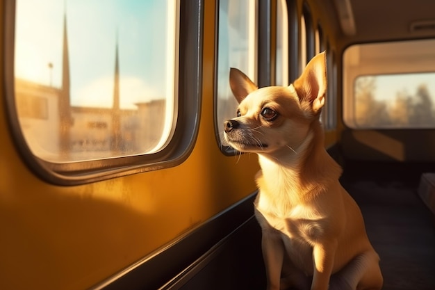 un chien beige et brun se prélassant avec contentement au sommet d'un train en marche