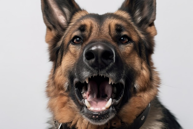 Un chien de berger allemand avec sa bouche ouverte et sa bouche ouverte.