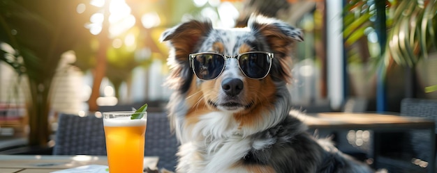 Chien berger australien portant des nuances tout en profitant d'un patio tropical avec une boisson Concept Vacances tropicales Vibes Aussie élégant avec des nuances Relaxation en plein air Heure de cocktail pour chiens
