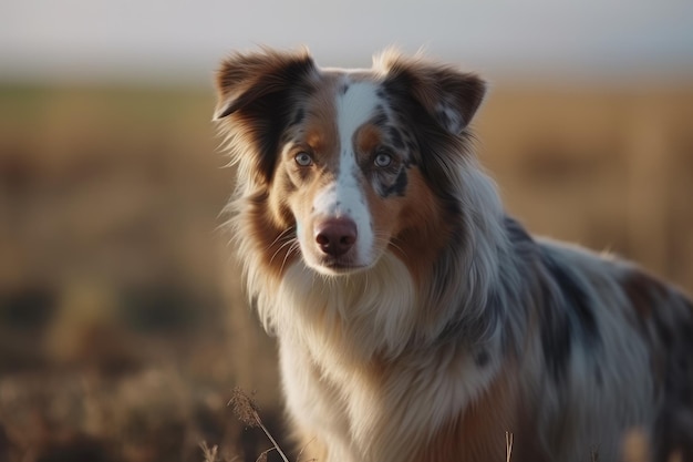 Chien de berger australien sur le terrain au coucher du soleil Mise au point sélective générée par l'IA