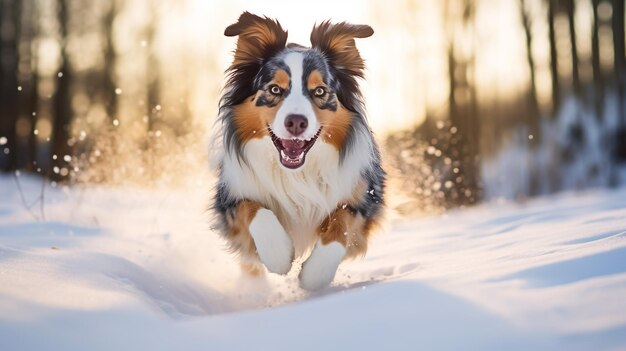 chien de berger australien en train de s'amuser dans la neige