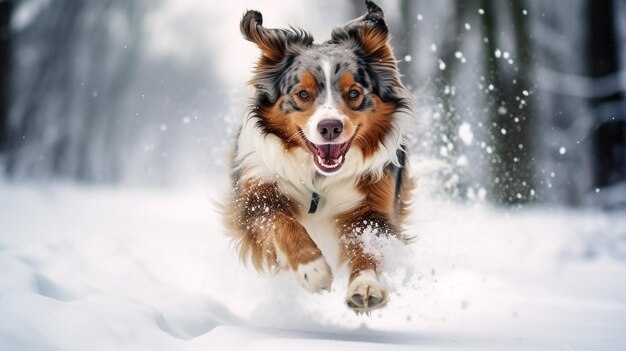 chien de berger australien en train de s'amuser dans la neige