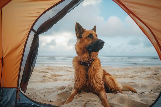 un chien de berger de race pure est assis près de l'entrée d'une tente sur le rivage de mer sablonneux récréation active