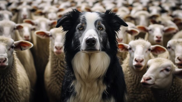 Un chien de berger soulevant sa tête d'un troupeau de moutons suggère l'humilité et se perd dans la foule