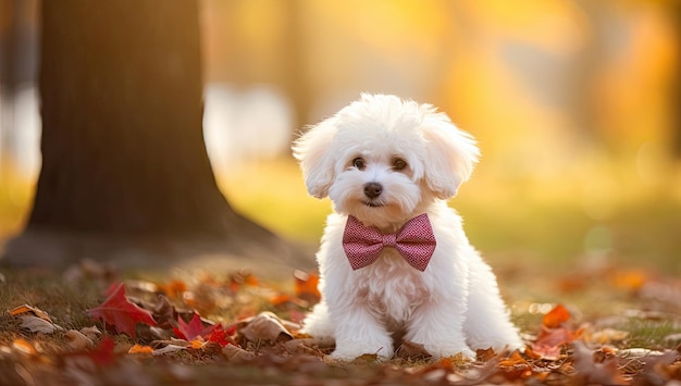 Photo chien bichon frise avec un arc assis dans le parc d'automne