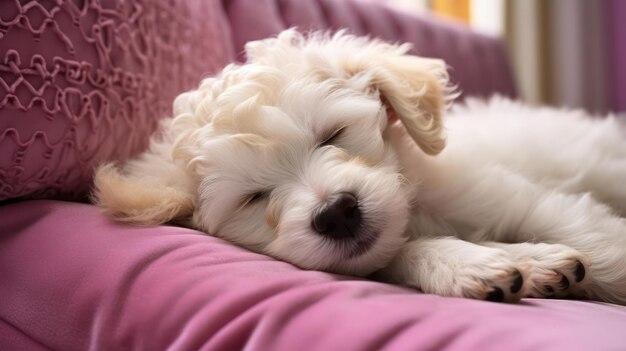 Photo un chien bichon frise dort paisiblement sur un canapé en peluche et confortable