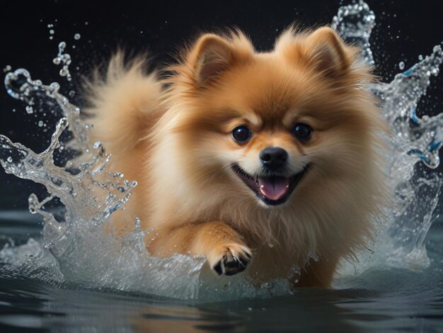 Un chien Bichon Frise heureux courant dans l'eau éclaboussée Illustration 3D réaliste