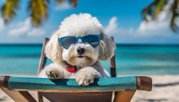 Photo un chien bichon frise portant des lunettes de soleil à la plage avec l'océan en arrière-plan