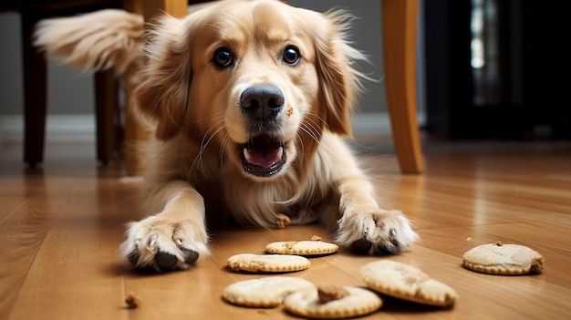 Un chien bien dressé démontrant un ordre de laisser-le en ignorant un objet ou un aliment tentant