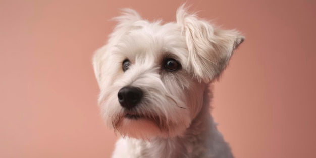 Un chien blanc aux yeux noirs et au nez noir est assis sur un fond rose.