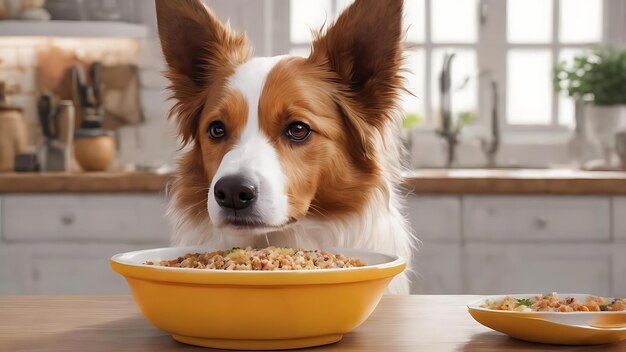 Un chien blanc et brun affamé avec de grandes oreilles et des yeux bruns prêt à manger un bol plein de nourriture