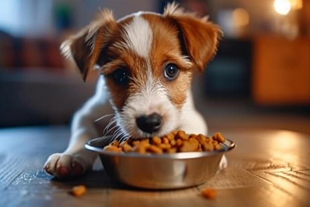 Chien blanc et brun affamé avec de grandes oreilles et des yeux marron prêt à manger un bol plein de nourriture