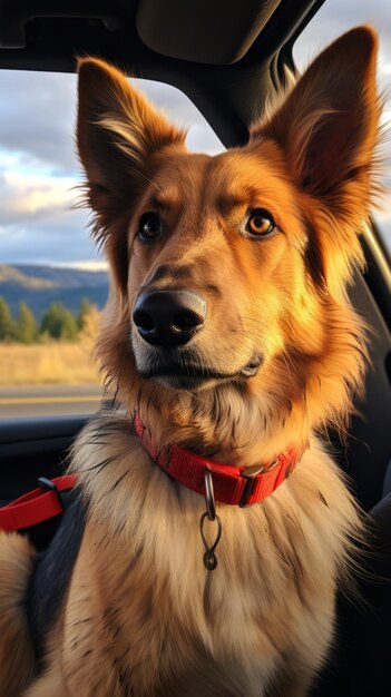 Un chien blanc brun qui regarde par la fenêtre de la voiture.