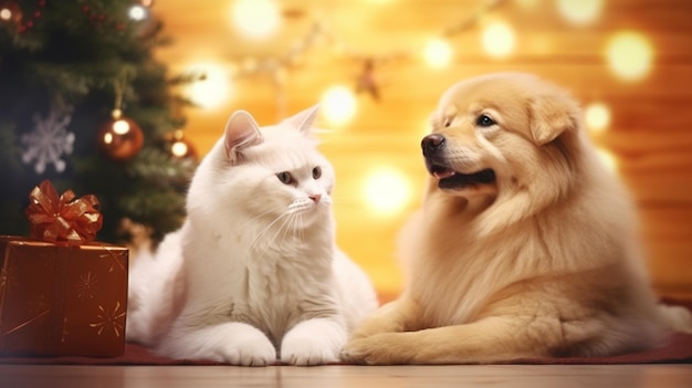 chien blanc et chat au gingembre animaux isolés sur des lumières de Noël floues et un arbre