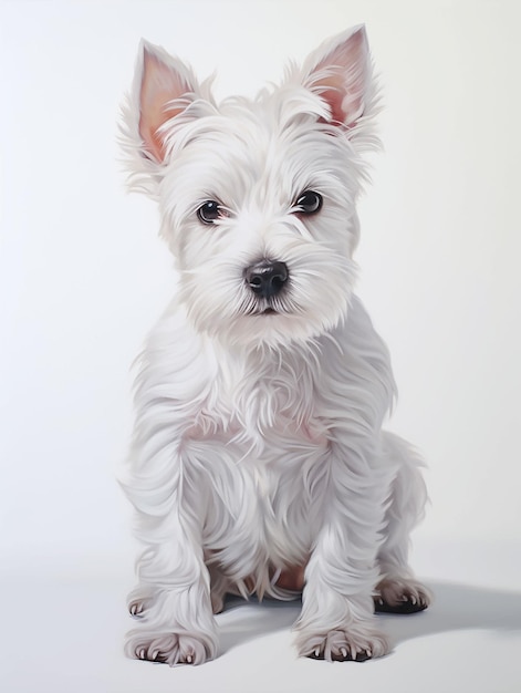 Un chien blanc avec un collier rose est assis sur un fond blanc.