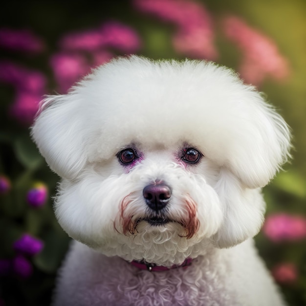 Un chien blanc avec un collier rose et une étiquette rose est assis dans un champ de fleurs.