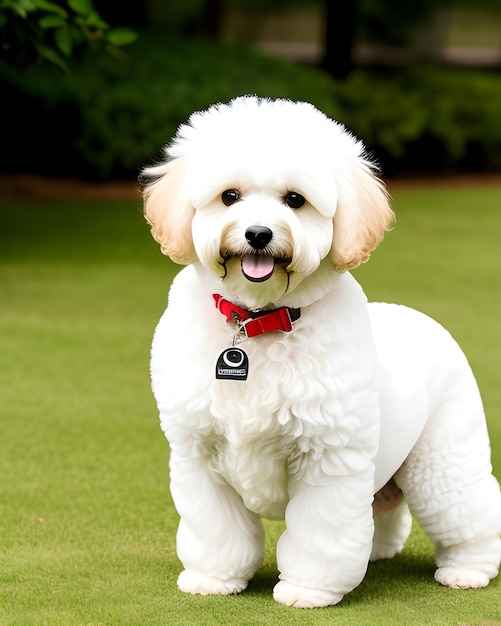 un chien blanc avec un collier rouge et une étiquette qui dit caniche